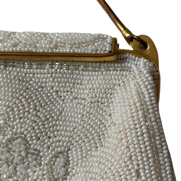 Vintage 1950s Handmade Beaded Bag White Floral Gold Hardware Bridal Wedding EUC - Picture 6 of 16